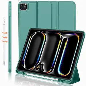 iMieet iPad Pro 13 Inch Case M4 (2024) with Pencil Holder, Trifold Stand Smart Case with Soft TPU Back, Auto Wake/Sleep (Forest Green)