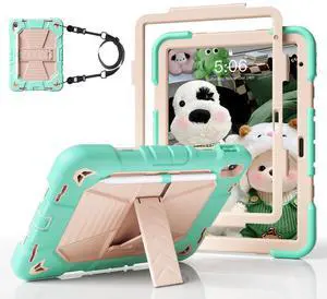 GKABXY Case for iPad (A16) 11th Generation 11 inch 2025, iPad 10th Generation 10.9 Inch 2022, Full-Body Shockproof Hybrid Protective Cover with Pencil Holder & Shoulder Strap for Kids (Mint+Pink)