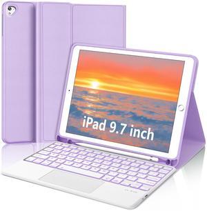 for iPad Keyboard case 9.7 inch, iPad 6th Gen (2018), iPad 5th Gen (2017), iPad Air 2 (2014), Multi-Touch Trackpad, Detachable Backlit Folio Keyboard Slim Cover with Pencil Holder,Light Purple