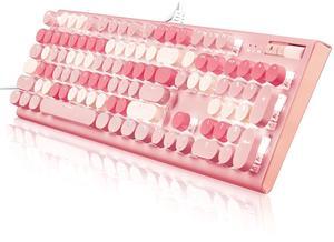 guismous Cute Pink Keyboard Wired, with White Backlit Typewriter, Volume Knob, Light Switch Button, and Foldable Stands, Full Size with Number Pad for Computer PC Lapto