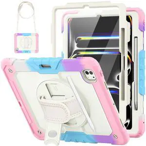 HXCASEAC Case for iPad Pro 13 Inch Case 2024 (M4), Shockproof Design with Pencil Holder/Screen Protector/Rotating Hand Strap, Protective Cover for iPad Pro13 7th Gen (A2925, A2926, A3007) - Pink