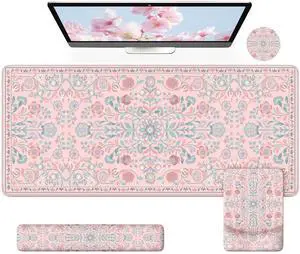 iCasso Pink Desk Mat with Wrist Rest,Large Desk Pad for Keyboard and Mouse,Ergonomic Mouse Pad Sets for Women,Non-Slip Wrist Pad for Keyboard,Floral Computer Mat for Home Office