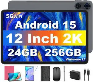 Tablet 12 inch Android 15 Tablets, 24GB(8+16)RAM+256 Storage(Expand to 1TB), Android Tablet with Keyboard, Octa-Core, 2K 2000x1200 Display, 16MP Dual Camera, 8000mAh, 5G WiFi,GPS,Bluetooth 5.0(Pink)
