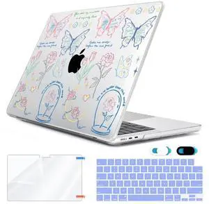 HOHAIYOO Compatible with MacBook Air 13.6 inch Case 2025 2024 2023 2022 Release M4 A3240 M3 A3113 M2 A2681 with Touch ID, Plastic Hard Shell Case&Keyboard Cover&Screen Film&Webcam Cover, Line Flower