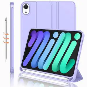 iMieet iPad Mini 7 Case 2024 (A17 Pro), iPad Mini 6 Case (8.3-Inch,2021 Model), iPad Mini 7th/6th Generation Case with Pencil Holder, Trifold Stand Smart Case with Soft TPU Back,Light Purple