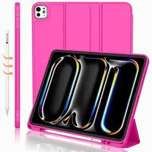 iMieet iPad Pro 13 Inch Case M4 (2024) with Pencil Holder, [Support Pencil Pro and Pencil (USB-C)],Trifold Stand Smart Case with Soft TPU Back, Auto Wake/Sleep (Rose Red)