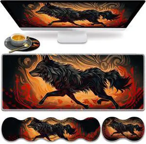 Large Gaming Mouse Pad, Keyboard Wrist Rest Pad + Mouse Wrist Pad + Coaster 4 in 1 Set, Extended Waterproof Non-Slip Desk Mat, Suitable for Office Home Learning Games, Galloping Wolf