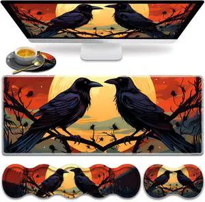 Large Gaming Mouse Pad, Keyboard Wrist Rest Pad + Mouse Wrist Pad + Coaster 4 in 1 Set, Extended Waterproof Non-Slip Desk Mat, Suitable for Office Home Learning Games, Branch Crow