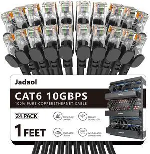 Jadaol Cat6 Ethernet Cable 1 ft 24Pack, Outdoor&Indoor, 10Gbps Support Cat8/7 Network, 24AWG Pure Copper Patch LAN Cord, Direct Burial Waterproof UV Resistant for Router, Modem, Switch, Server, Black