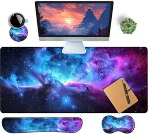 HaoSiTeck 4-Piece Extended Large Mouse Pad Set for Women Men with Galaxy Design Includes 35.4 x 15.7 XXL Large Mouse Pad Keyboard Wrist Rest Mouse Wrist Support and Coaster for Office Home