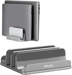 JARLINK 4-in-1 Adjustable Vertical Laptop Stand Holder, Aluminum Dual Slots Laptop Rack for Desk, Space-Saving Organizer for All MacBook, Surface, Chromebook, and Gaming Laptops (Grey)