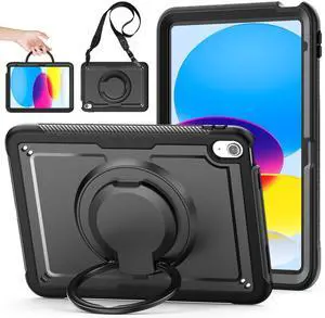 KAIJIAbox Case Compatible with iPad (A16) 11th 2025,10th Generation 10.9 Inch 2022,Full Body Drop Case,360deg Roating Handle Stand,Shoulder Strap&Pencil Holder (Black)