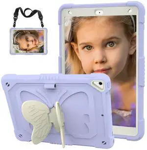 HOGENL for iPad 9th 8th 7th Generation Case for Kids Girls with Pencil Holder, for iPad 10.2 Case with Butterfly Stand Shoulder Strap Shockproof Full Body Protective Cover for iPad Air 3rd Gen, Purple