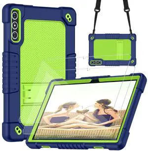 Kebiory for KADYBE D106 for MEIZE D106 Android 14 Tablet Case With 2 Pcs Screen Protector,Shoulder Strap,Kiskctand Hybrid Case for VOZIZOV D106 Android 14/FEONAL 10.1 inch 2024 Tablet (NavyGreen+2Pcs)