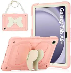 HOGENL Case for Samsung Galaxy Tab A9+/A9 Plus 11 inch 2023, Protective Cover for Galaxy Tab A9+ Tablet Kids Girls with Shoulder Strap, Butterfly Kickstand, Heave Duty Shockproof Protective - Pink