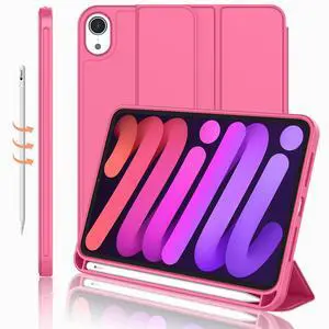 iMieet iPad Mini 7 Case 2024 (A17 Pro), iPad Mini 6 Case (8.3-Inch,2021 Model), iPad Mini 7th/6th Generation Case with Pencil Holder, Trifold Stand Smart Case with Soft TPU Back,Watermelon