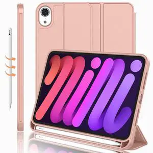 iMieet iPad Mini 7 Case 2024 (A17 Pro), iPad Mini 6 Case (8.3-Inch,2021 Model), iPad Mini 7th/6th Generation Case with Pencil Holder, Trifold Stand Smart Case with Soft TPU Back,Rose Gold