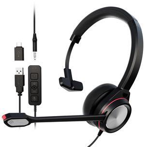 Jiade USB Headset with Microphone, Type-c/USB/3.5mm Jack 3-in-1 PC Headset, Wired & Noise Cancelling Headphone with Mic Mute for Call Centers, Teams, Zoom, Home Office, Online Courses
