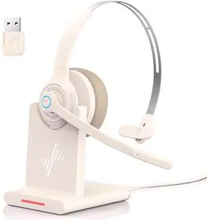 JIAMQISHI Bluetooth Headset - Wireless Headset with Noise Cancelling Microphone, V5.2 Computer Headphones with USB Dongle, Charging Base & Mic Mute for Work/Call Center/PC/Laptop/Online Class/Zoom