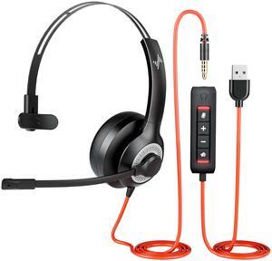 JIAMQISHI USB Headset with Mic for PC, On-Ear Computer Laptop Headphones with Noise Cancelling Microphone in-line Control for Home Office Online Class (USB+3.5mm Single Ear Headset, Black)