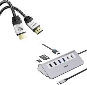 9-in-1 USB C Hub with 4K HDMI, PD 100W, USB-C and 2 USB A 3.0 5Gbps, 2 USB A 2.0, SD/TF Slots, 2M Silver HDMI Cable 8K@60Hz