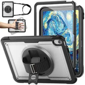 KAIJIAbox Case for iPad (A16) 11th/10th Generation Case 11/10.9 Inch [2025/2022] with Screen Protector,360deg Band Hand Strap/Stand, Back Shell Protective Cover/Pencil Holder,Transparent