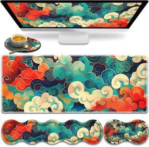 Large Gaming Mouse Pad, Keyboard Wrist Rest Pad + Mouse Wrist Pad + Coaster Set, Extended Waterproof Non-Slip Desk Mat, Suitable for Office Home Learning Games, Colorful Auspicious Clouds
