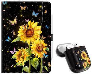 iPad 10.2 Case with Pencil Holder/Hand Strap/Pocket/Anti-Skid Stripes for iPad 9th/8th/7th Generation Case + Airpod Case Compatible with AirPods 2&1 Generation Sunflower Butterfly