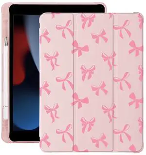Cute Kawaii Bow for iPad Mini 6 Case with Pencil Holder, Auto Sleep/Wake, Pink Leather Soft TPU Back Cover