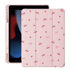 Cute Kawaii Cherry Bow for iPad 10th Generation Case 10.9 Inch 2022 with Pencil Holder, Auto Sleep/Wake, Pink Leather Soft TPU Back Cover