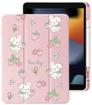 Cute Kawaii Bunny Strawberry for iPad Pro 12.9 Inch Case 5th/6th Generation 2022/2021/2020 with Pencil Holder, Auto Sleep/Wake, Pink Leather Clear Acrylic Back Cover