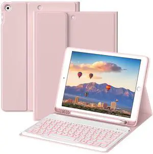 JKSML Keyboard Case for iPad 9th/8th/7th Generation(2021/2020/2019) 10.2 Inch, Case with 7 Colors Backlit Detachable Keyboard Soft TPU Back Folio Stand, Built-in Left Side Pencil Holder, Pink