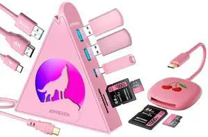 1.6ft Pink 8-in-1 USB-C HDMI Hub + 8cm USB-C SD Card Reader for Ultimate Workspace Efficiency, for iPad Pro, MacBook, Samsung Galaxy S24