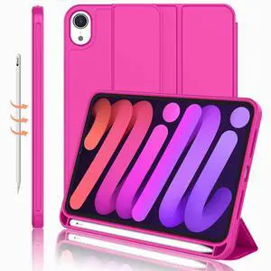 iMieet iPad Mini 7 Case 2024 (A17 Pro), iPad Mini 6 Case (8.3-Inch,2021 Model), iPad Mini 7th/6th Generation Case with Pencil Holder, Trifold Stand Smart Case with Soft TPU Back,Rose Red