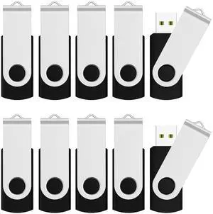 JUANWE 10 Pack 16GB Bulk USB 2.0 Flash Drive Thumb Drive Jump Drive Fold Storage Swivel Memory Stick with Key Ring Design Portable Pen Drive, Black