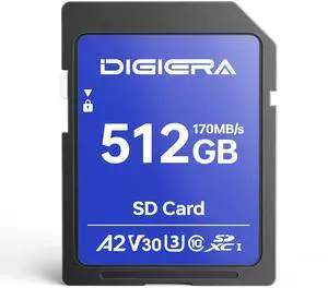 DIGIERA 512GB LS100 SDXC UHS-I Memory Card - up to 170MB/s, C10, U3, V30, 4K UHD, SD Card for Computers, Digital Cameras, Home Theatre Devices, Car Navigation Systems (1 Pack)