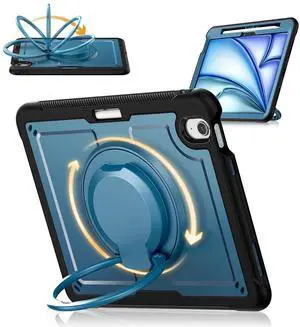 KAIJIAbox Compatible with iPad Air 11 Inch Case M3 2025/M2 2024, Shockproof Drop-Proof Cover,360deg Rotating Handle Stand,Adjustable Shoulder Strap&Pencil Holder(Blue)