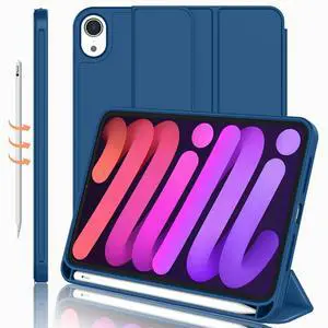 iMieet iPad Mini 7 Case 2024 (A17 Pro), iPad Mini 6 Case (8.3-Inch,2021 Model), iPad Mini 7th/6th Generation Case with Pencil Holder, Trifold Stand Smart Case with Soft TPU Back,Navy Blue