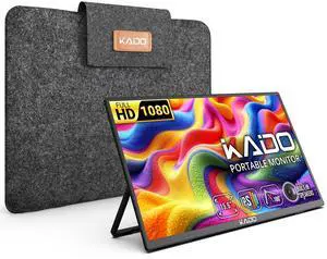 Kado 15.6" FHD Portable Monitor for Laptop, 1080p Second Display IPS 1920x1080 HDMI USB-C Laptop Screen Extender, Carrying Sleeve 180deg Kickstand for PC, Mac, Dex, Tablet, Xbox, PS4/PS5, Switch