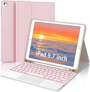 for iPad Keyboard case 9.7 inch, iPad 6th Gen (2018), iPad 5th Gen (2017), iPad Air 2 (2014), Multi-Touch Trackpad, Detachable Backlit Folio Keyboard Slim Cover with Pencil Holder,Light Pink