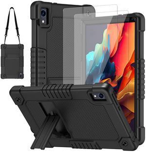 Kebiory for Urao C107/Jeazans OC101/C107 Tablet 10.1 Inch 2024 Kids Friendly Silicone Stand Shoulder Strap Kickstand+2Pcs Screen Protector for HiGrace C107/ZOFYWNAS C107/Freeski C107 (Black+2Pcs)