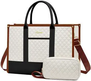 LOVEVOOK Laptop Bags for Women, 15.6 inch Waterproof Work Tote Bag with Clutch, Professional Teacher Computer Purse Lightweight Shoulder Bag Travel, Black White Brown