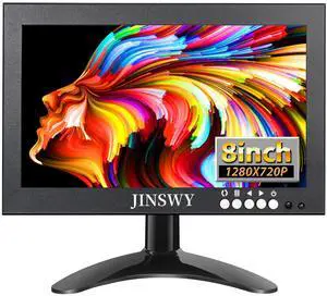 JINSWY 8" Mini Security Monitor, Portable 1280x720 Metal Screen, HDMI/VGA/AV/BNC Input, Built-in Speakers & Remote, for CCTV Surveillance and Security Systems