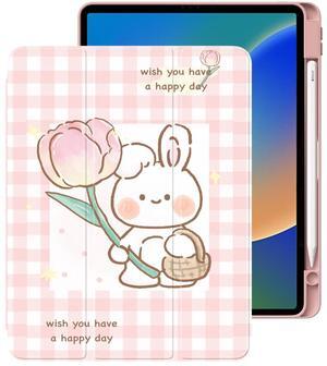 Cute Plaid Bunny for iPad Mini 6 Case with Pencil Holder, Foldable Pink Leather Cover Case, Support Auto Sleep Wake