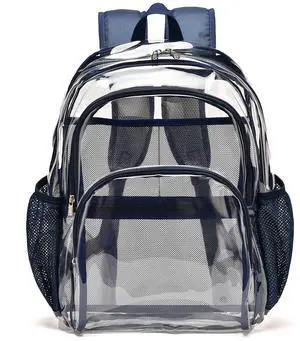 KUI WAN Clear Backpack, Clear Bag Stadium Large See Through Bookbag Heavy Duty PVC Transparent Backpacks for School,Navy Blue