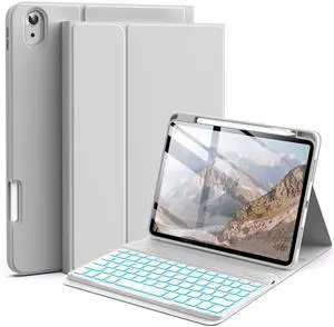 JKSML Keyboard Case for New iPad A16 11th Generation 2025 11in & iPad 10th Gen 2022 10.9in with 7 Colors Backlight Bluetooth Keyboard (Fast Pairing), Right Side Pencil Holder, Soft Silicone, Gray