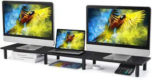 La Jaco 47 Inch Extra-Long Dual Monitor Stand Riser for 2 Monitors, Desk Shelf TV Riser Blocks, Wood and Steel Desktop Riser for Computer, Laptop, Printer, Home Office Organization, Black