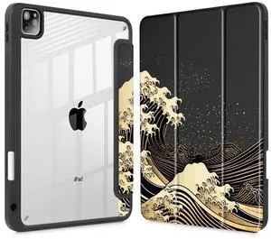 May Chen Case for iPad Pro 13-inch 2024 7th Generation M4 Chip, [Built Pencil Holder Supports Pencil 2/USB-C] Ultra Thin Clear Back Shell with Trifold Stand Support Auto Wake/Sleep, Black Sea Wave