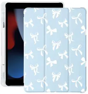 Cute Kawaii Bow for iPad Mini 6 Case with Pencil Holder, Auto Sleep/Wake, Blue Leather Soft TPU Back Cover