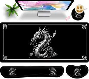 JYCUHTCL Large Gaming Mouse Pad Set 35.4 x 15.7 with Keyboard Wrist Rest, Wrist Support, and Coaster Memory Foam Smooth Desk Pad Mousepad for Home Office School - Dragon